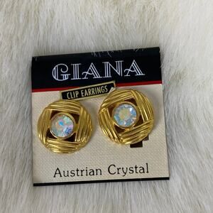 Giana Austrian Crystal Gold Clip On Earrings 1” Diameter, NWT